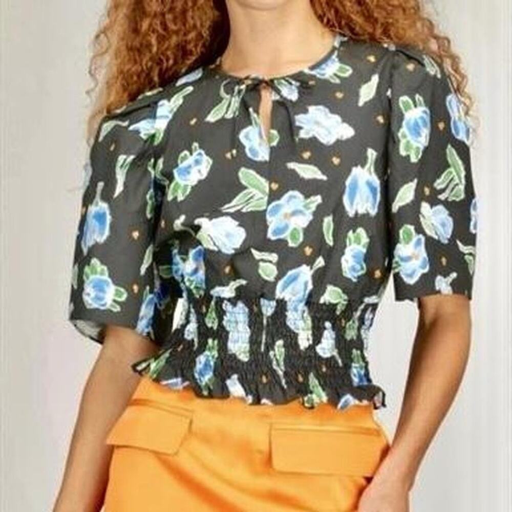 Baum und Pferdgarten Blouse Womens Floral Smocked Elastic Waist Puff Sleeve